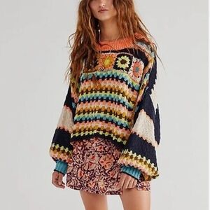 Free People Love Sparks crochet knit sweater size XS oversized rainbow